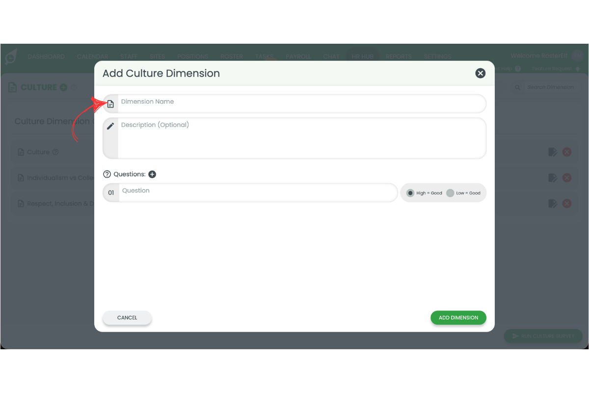 Add Culture Dimension modal showing empty Dimension Name field with a red arrow pointing to it