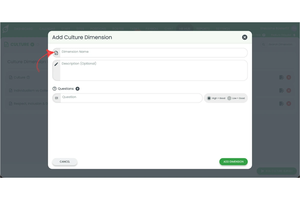 Add Culture Dimension modal showing empty Dimension Name field with a red arrow pointing to it