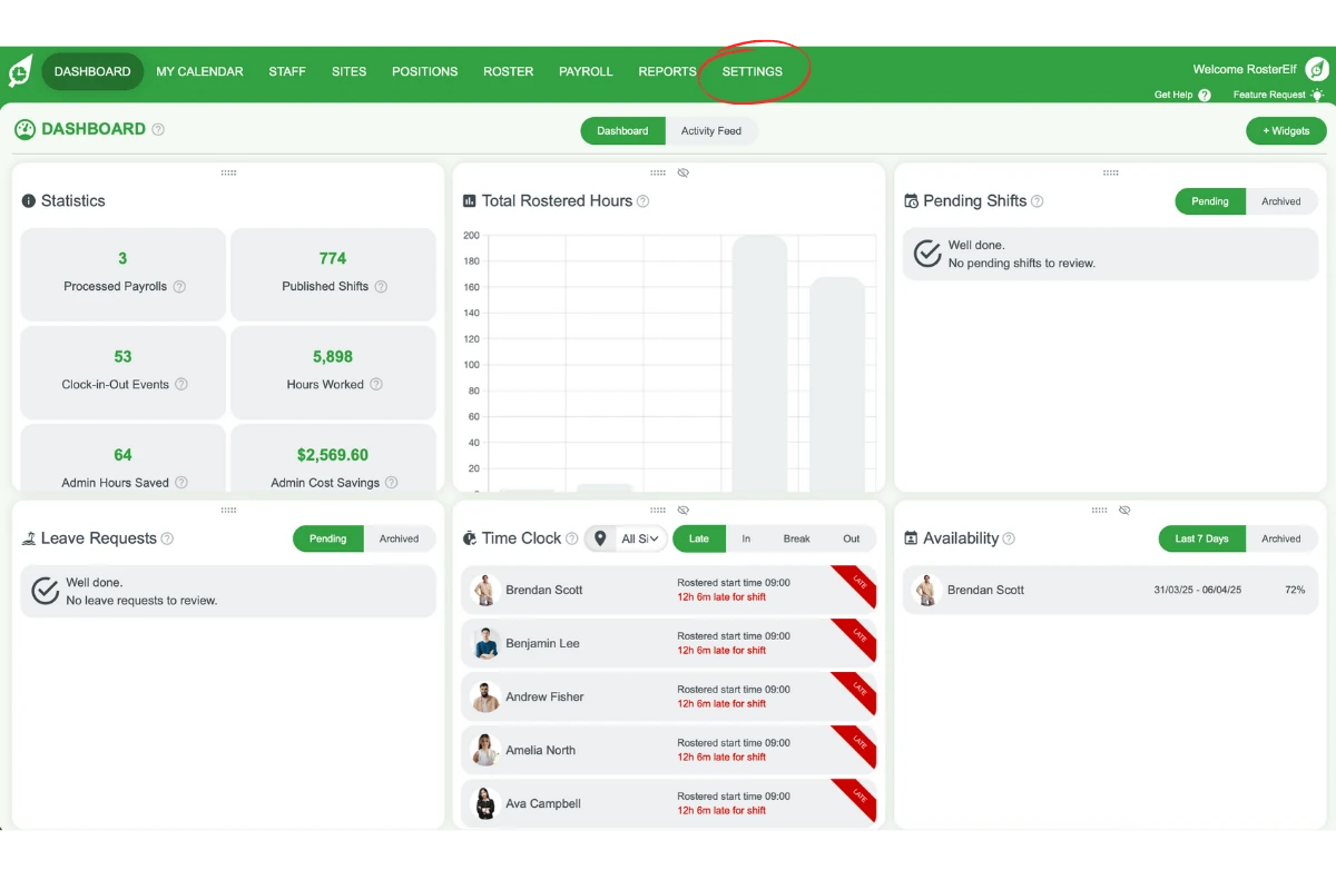 Screenshot of the RosterElf settings tab