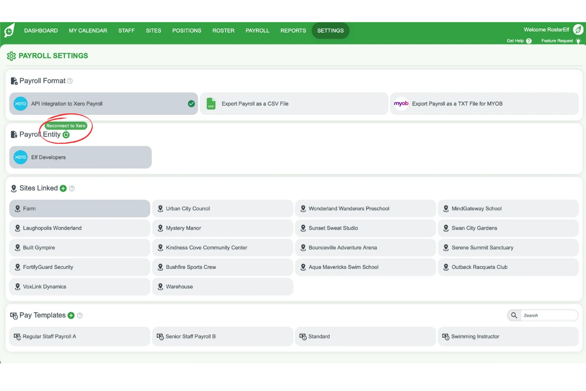 Screenshot of Xero connection status in RosterElf