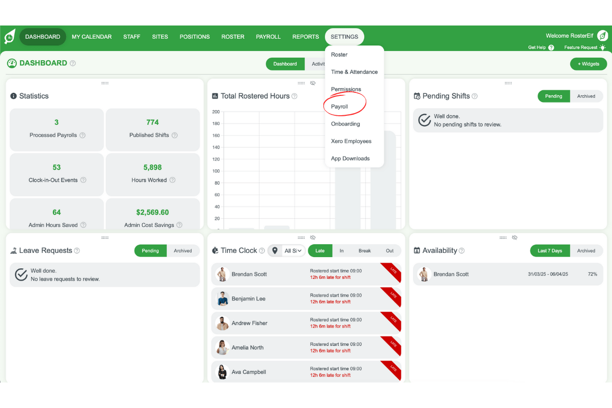 Screenshot indicating the Payroll tab in RosterElf settings