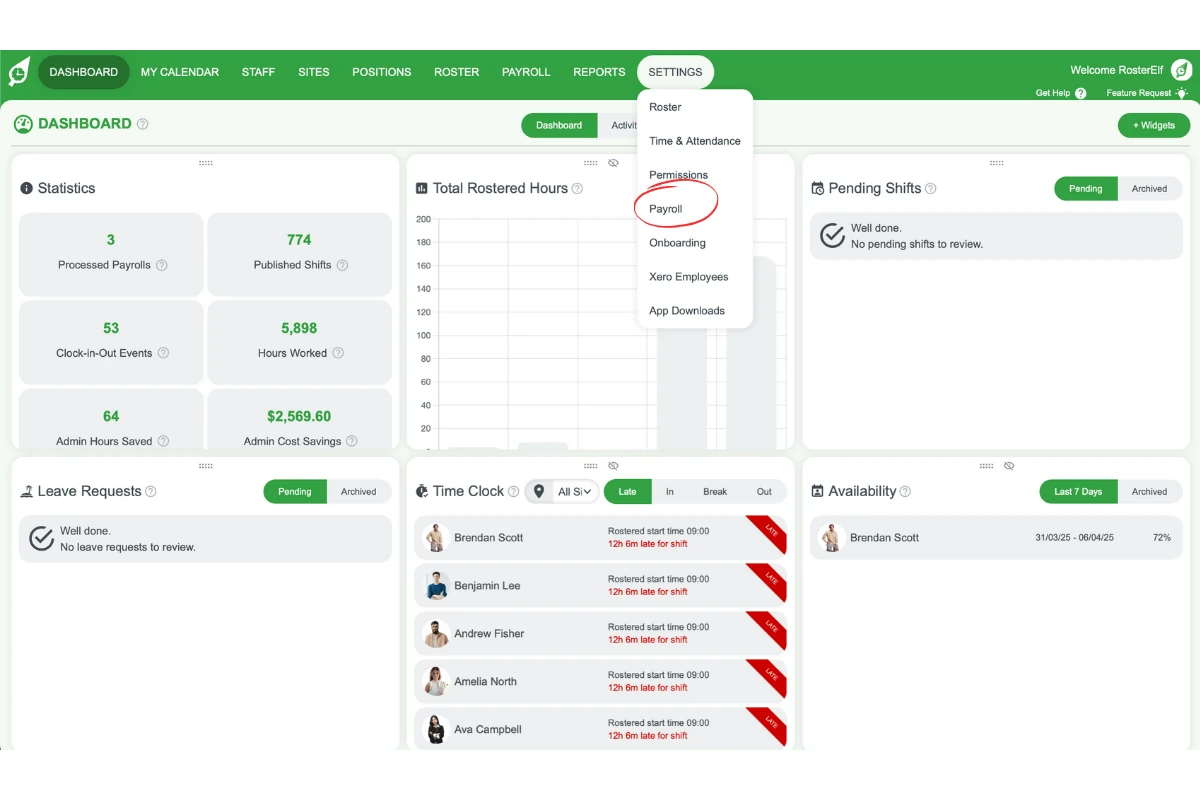 Screenshot indicating the Payroll tab in RosterElf settings