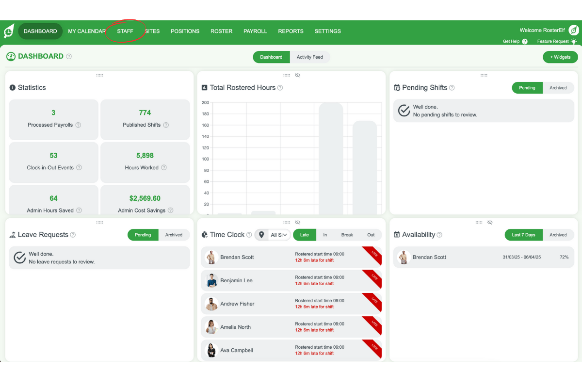 Screenshot of the RosterElf staff tab