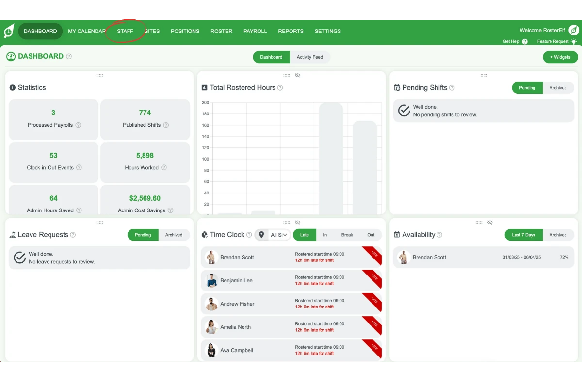 Screenshot of the RosterElf staff tab