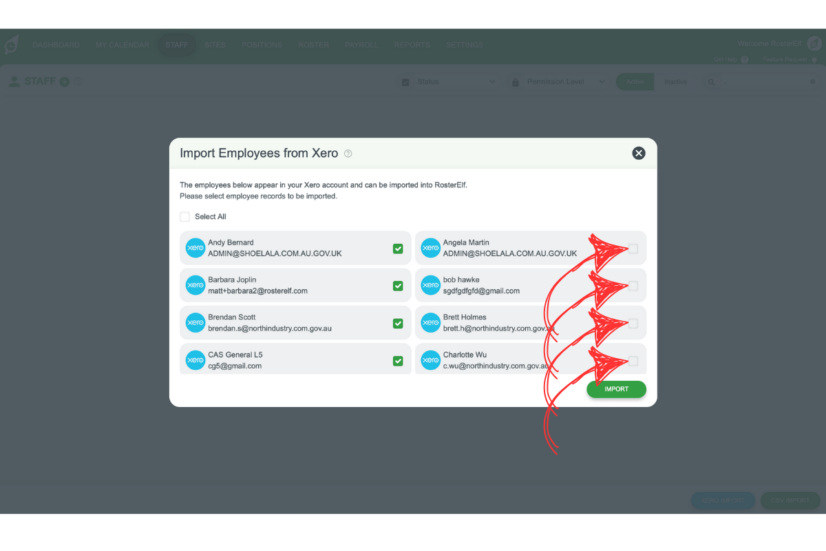 Screenshot of staff selection pop-up with checkboxes