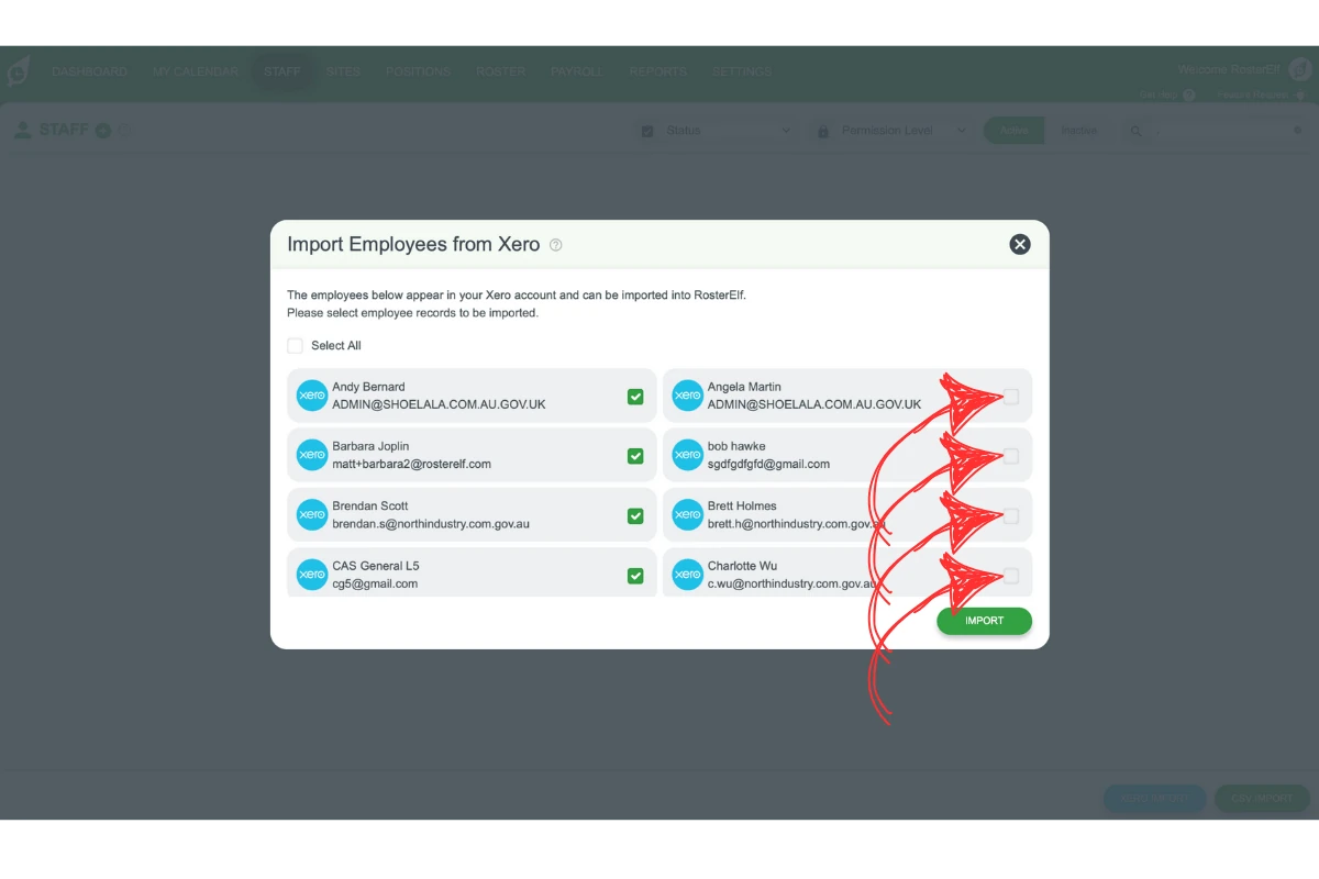 Screenshot of staff selection pop-up with checkboxes