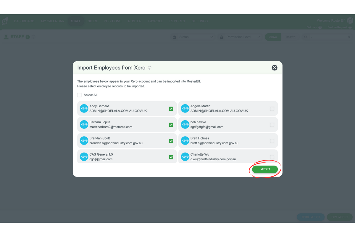Screenshot confirming the staff import