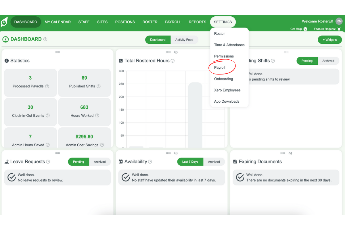 Screenshot displaying the Payroll option in the Settings dropdown