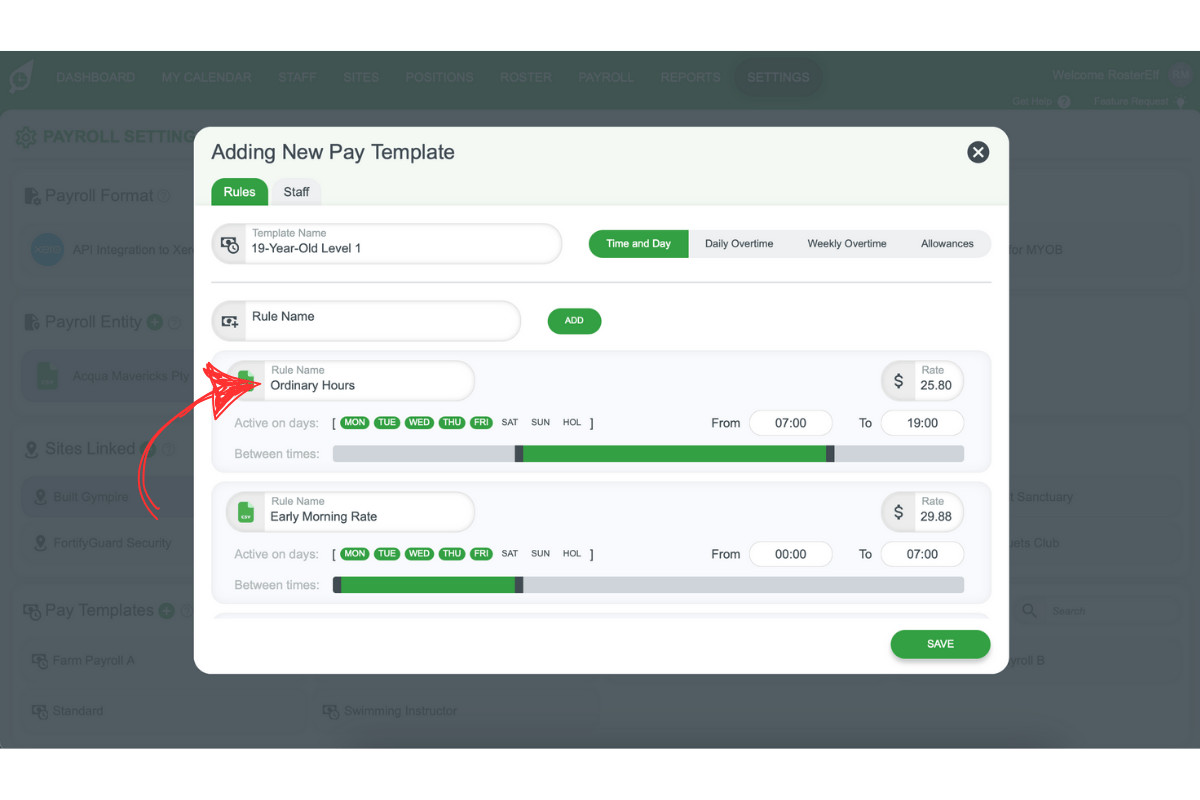 Screenshot showing a text field to enter the pay rule name