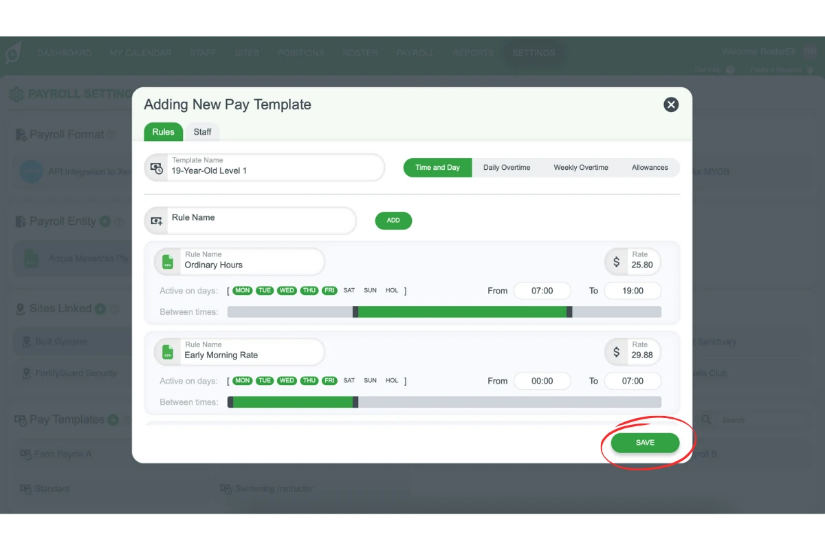 Screenshot showing the Save button in the Pay Template popup