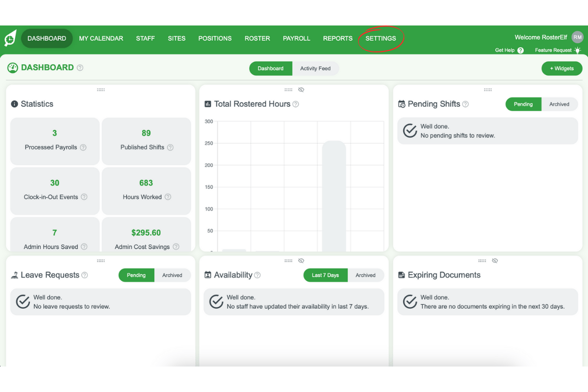 Screenshot illustrating the 'Settings' tab in RosterElf