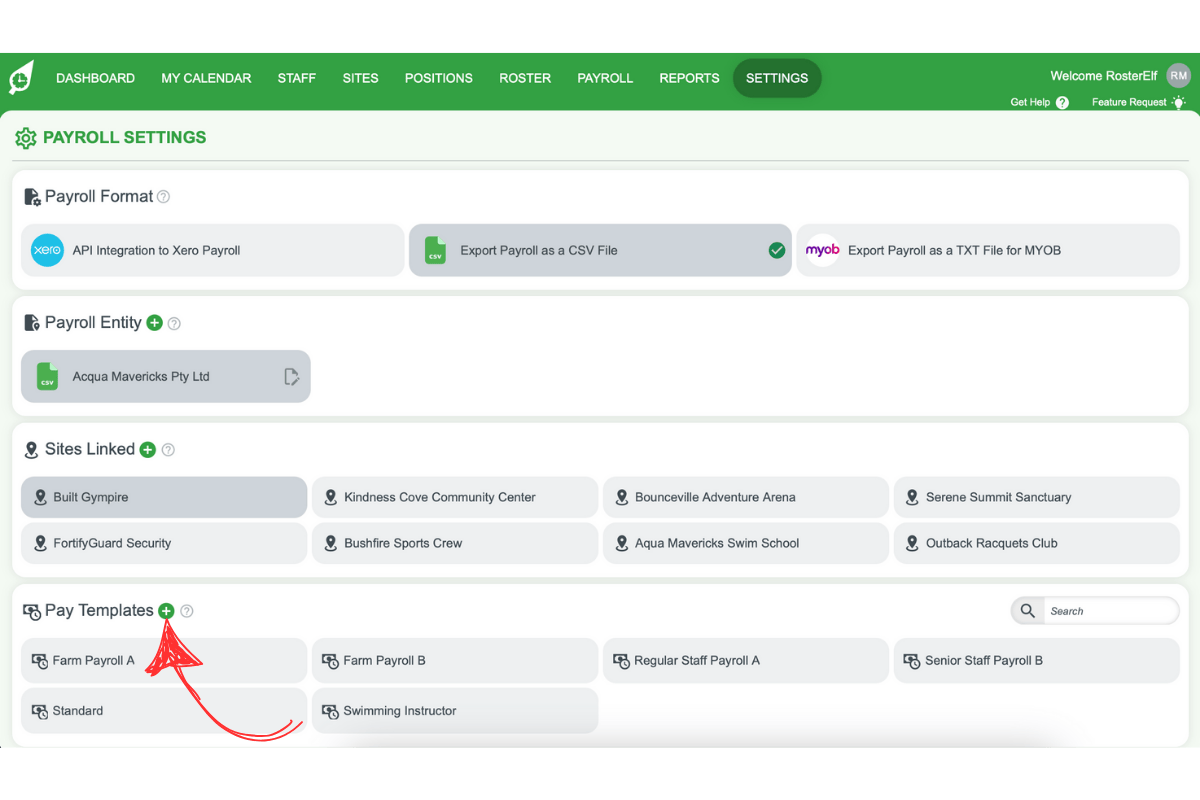 Screenshot showing the plus (+) button for Pay Templates