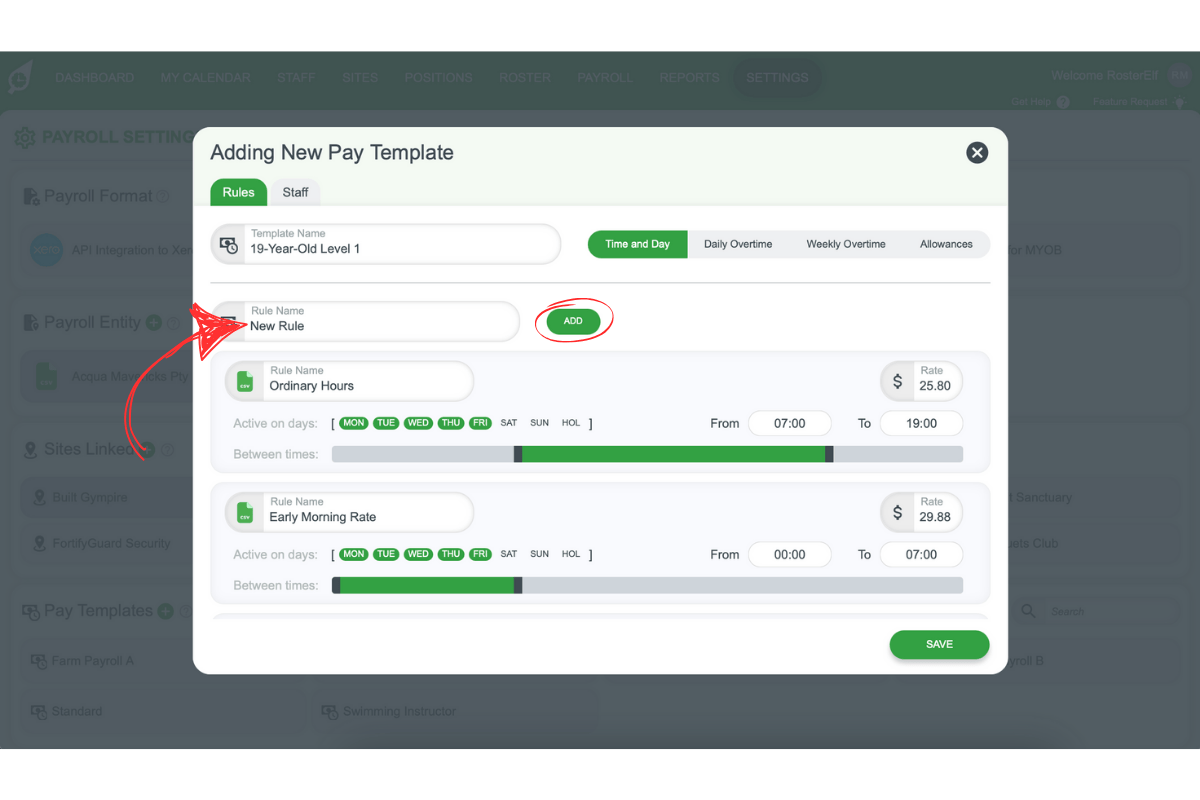 Screenshot illustrating the 'Add' button for including a new pay rule