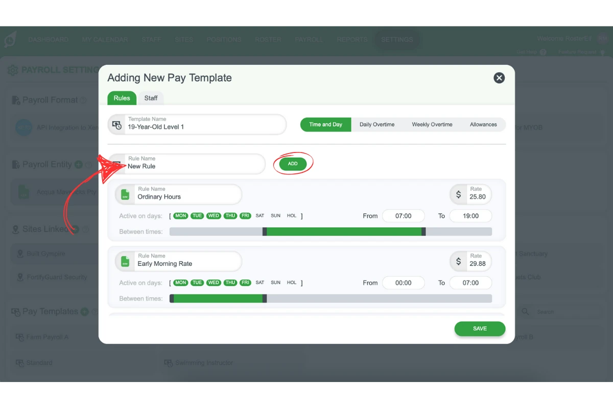 Screenshot illustrating the 'Add' button for including a new pay rule