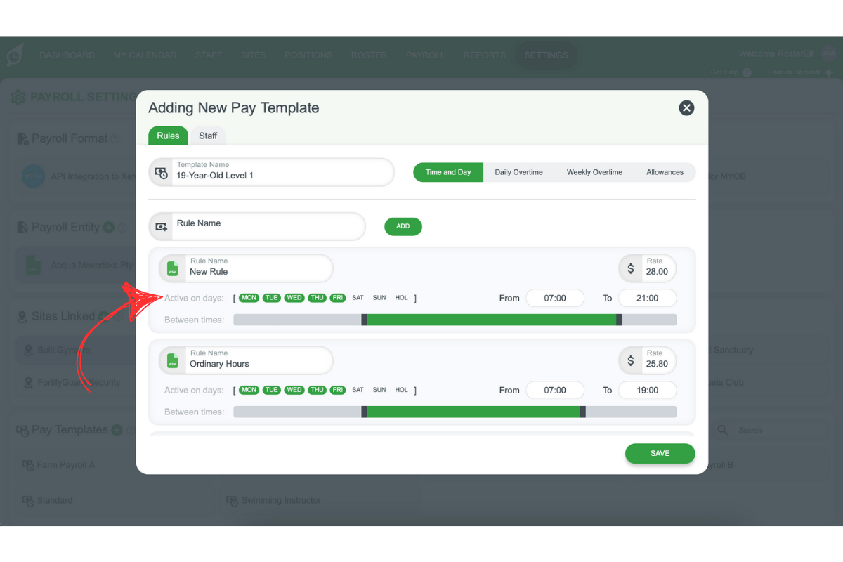 Screenshot indicating the day selection for a pay rule