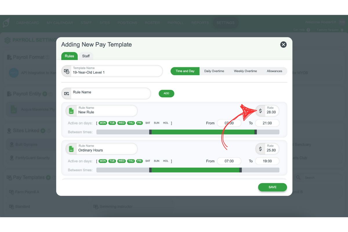 Screenshot illustrating the field to set an hourly pay rate