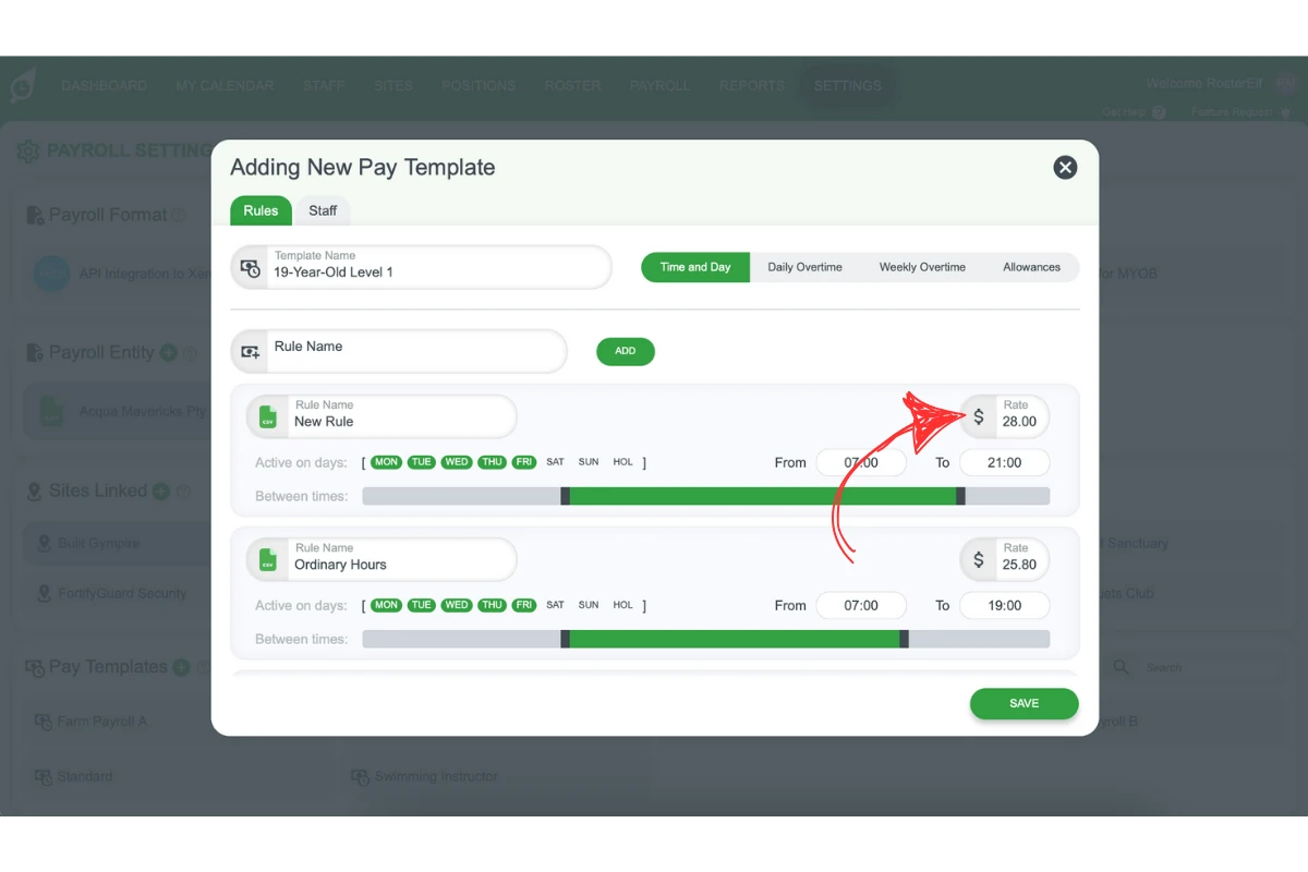 Screenshot illustrating the field to set an hourly pay rate