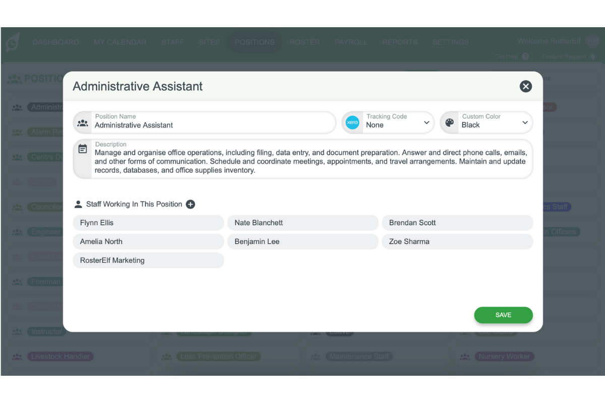 Screenshot of RosterElf's positions section, illustrating how roles can be defined and managed