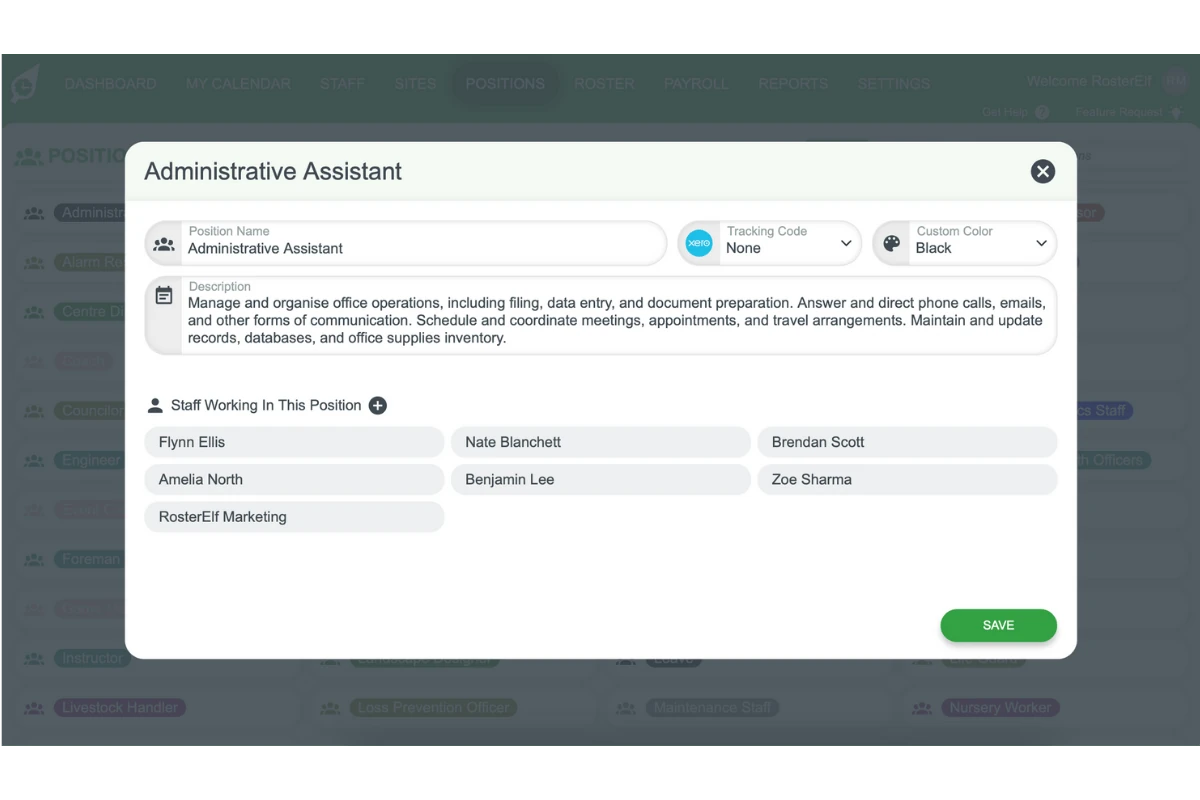 Screenshot of RosterElf's positions section, illustrating how roles can be defined and managed