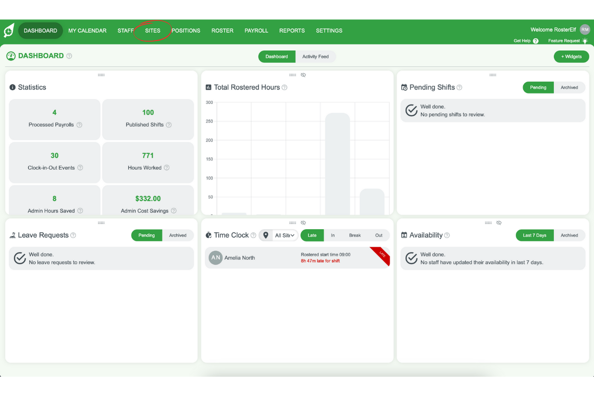 Screenshot showing the Sites section in RosterElf's settings for department-based setup