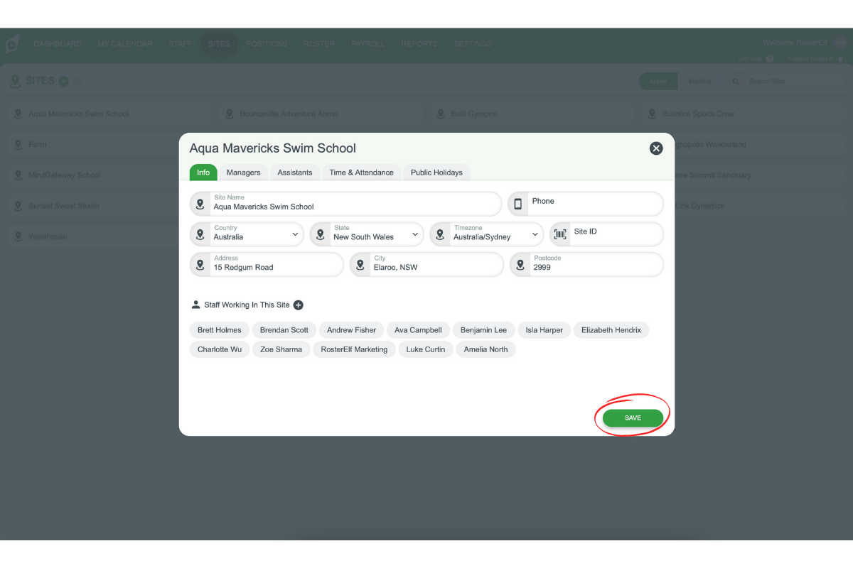 Screenshot showing the process of saving details for a new site