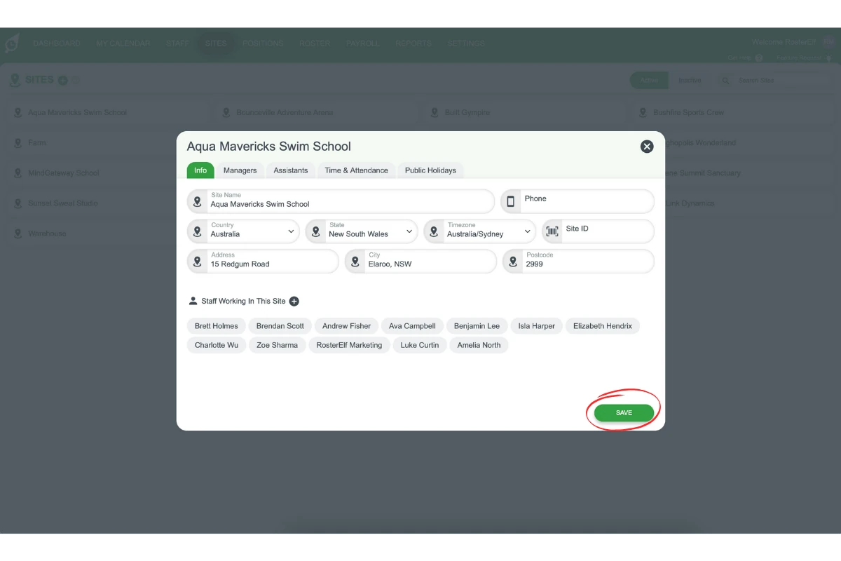 Screenshot showing the process of saving details for a new site