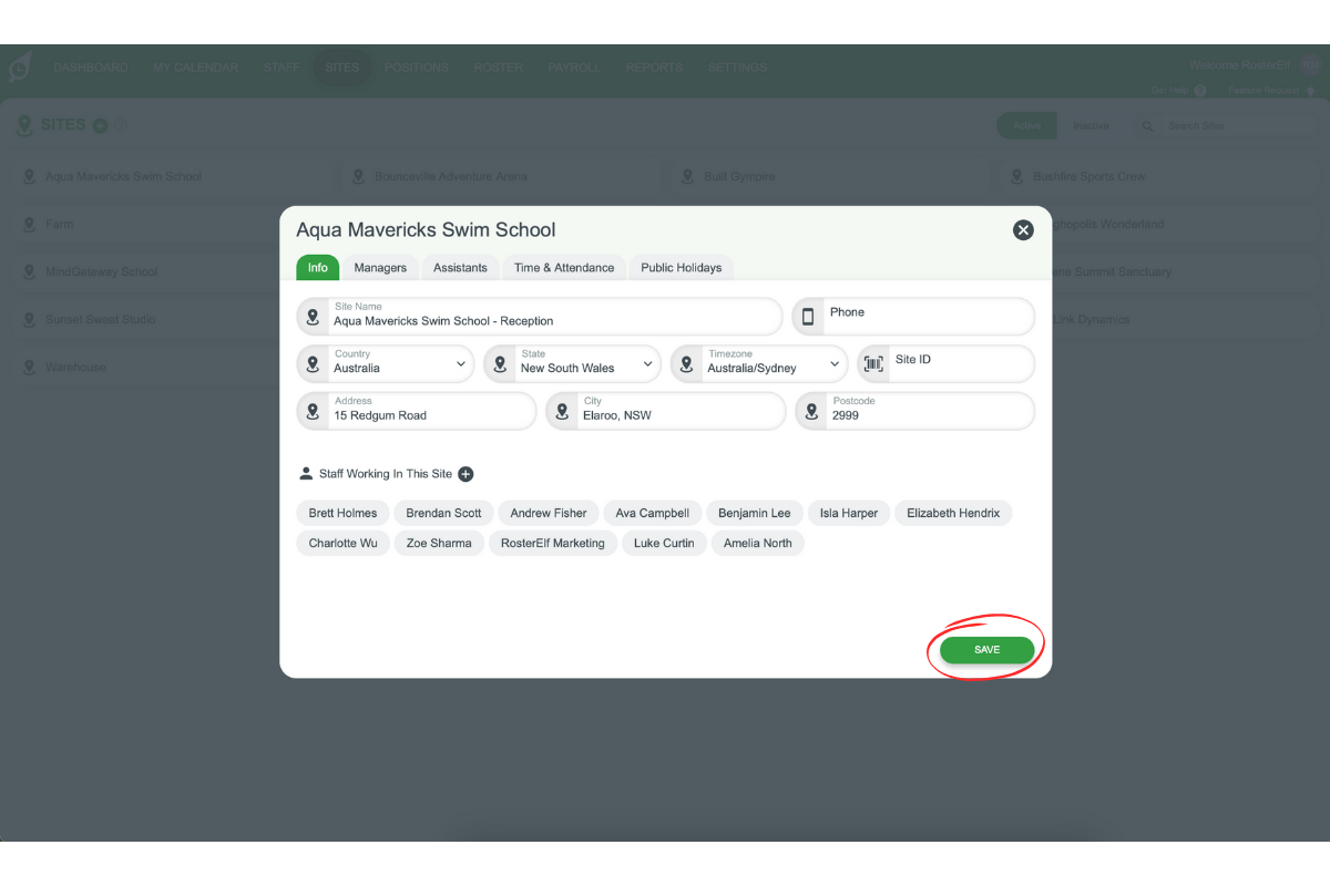 Screenshot illustrating the saved details for the department-based site