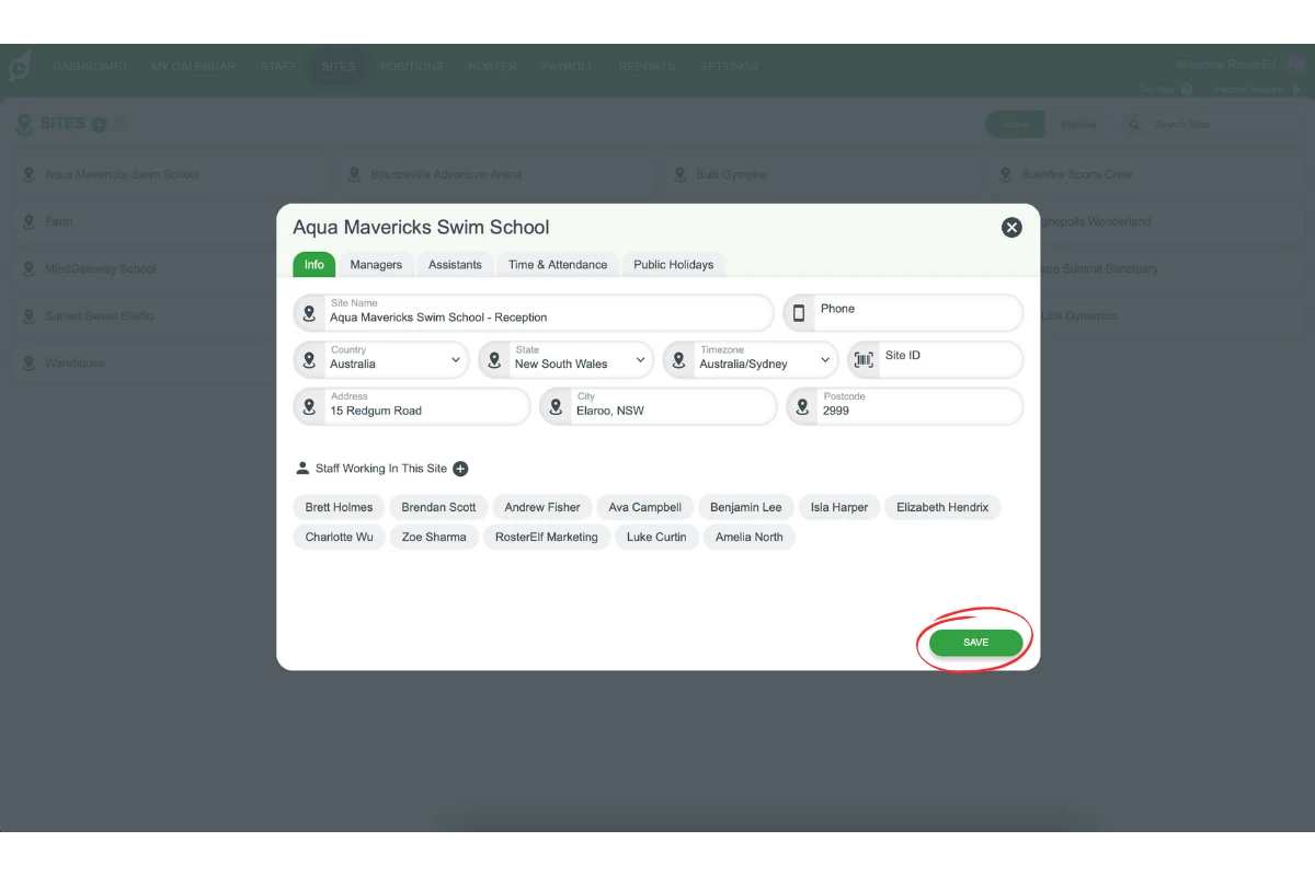 Screenshot illustrating the saved details for the department-based site