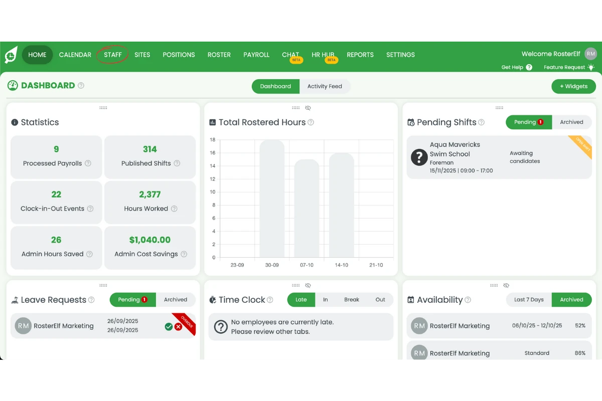 Staff tab in navigation