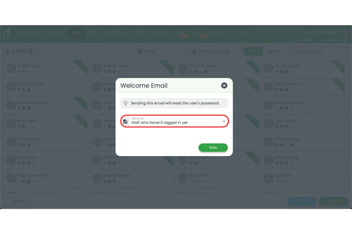 Filter options for staff selection