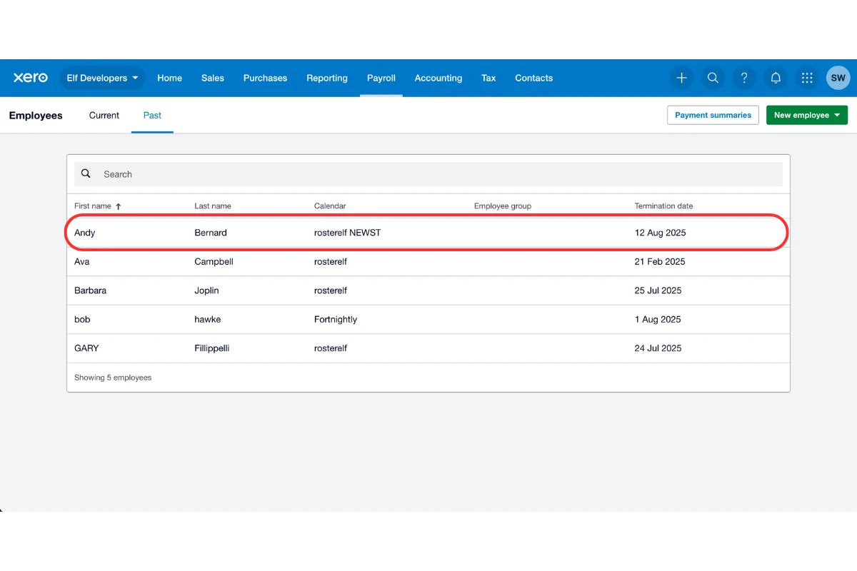 Xero Past employee list with an archived employee selected