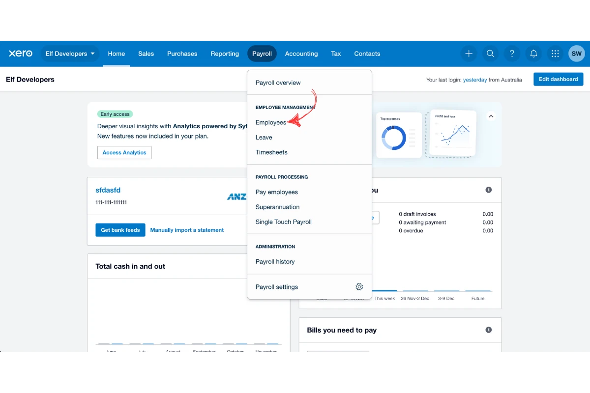 Xero Payroll menu with the Employees option