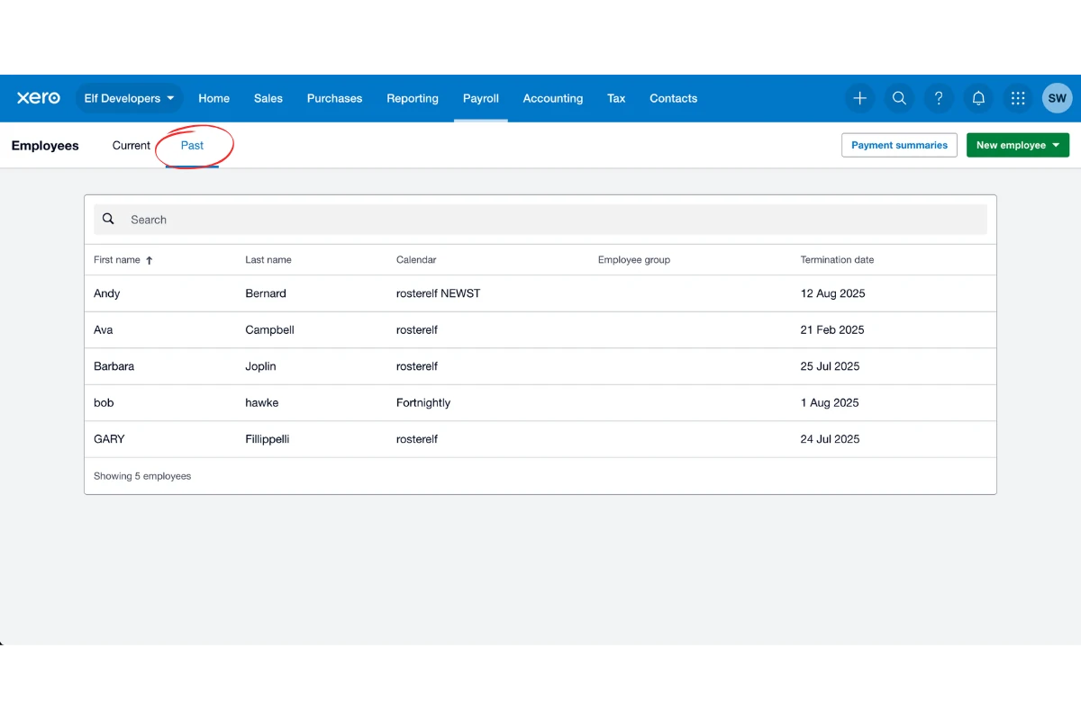Xero employee list with the Past tab for viewing archived staff