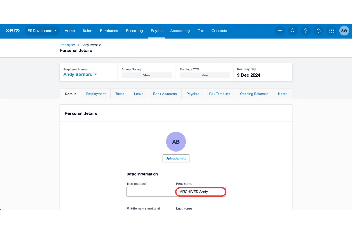 Xero employee profile with 'archived' added to the first name field