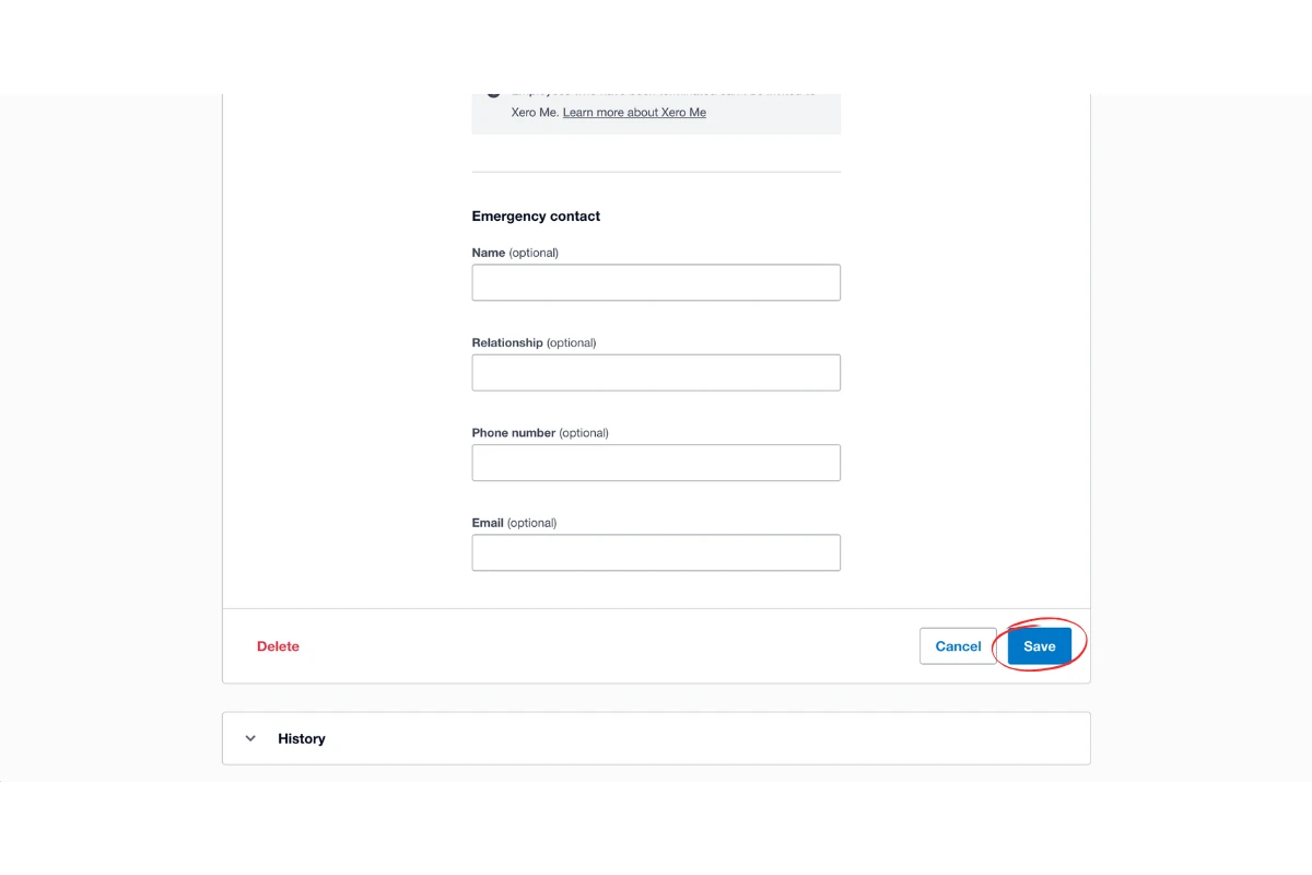 Xero employee profile with the Save button
