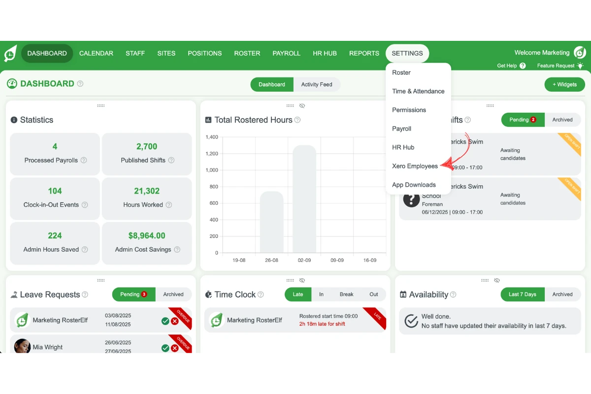 RosterElf Settings menu with the Xero Employees option