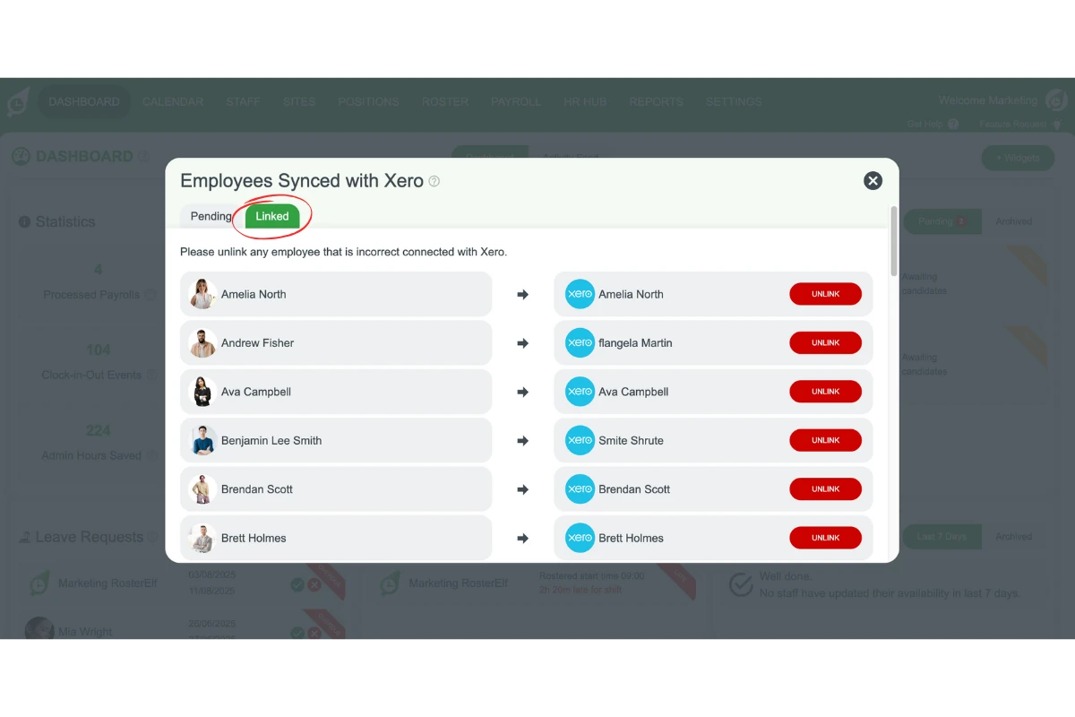 RosterElf Xero Employees page with the Linked tab selected