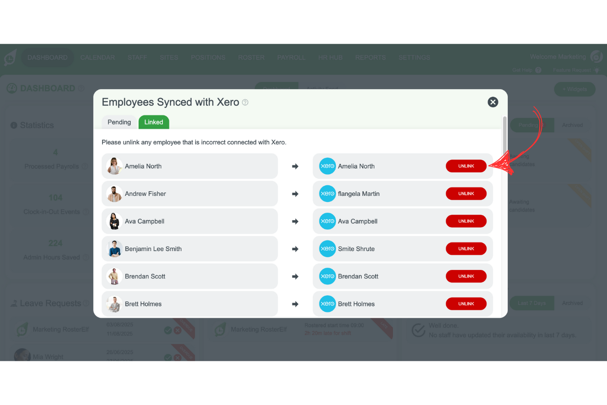Staff management interface in RosterElf