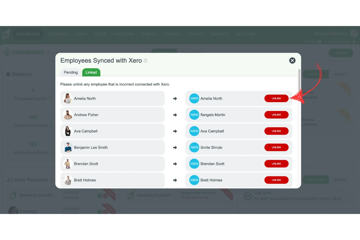 RosterElf Xero Employees Linked tab with the Unlink button
