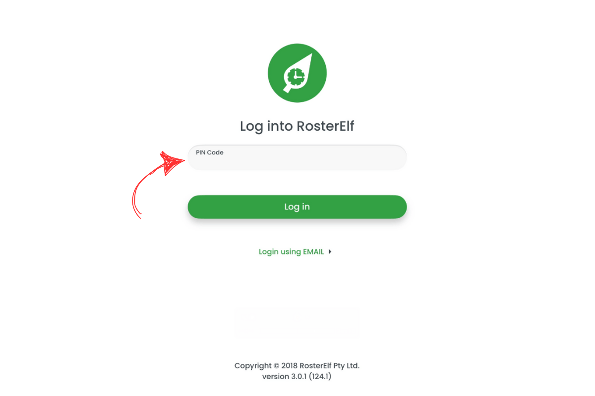RosterElf Time Clock PIN entry screen for accessing a specific site