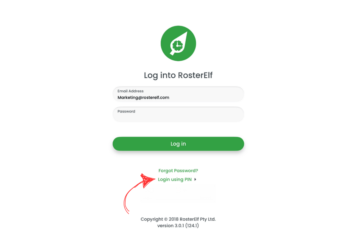 RosterElf Time Clock main screen with 'Login using pin' option