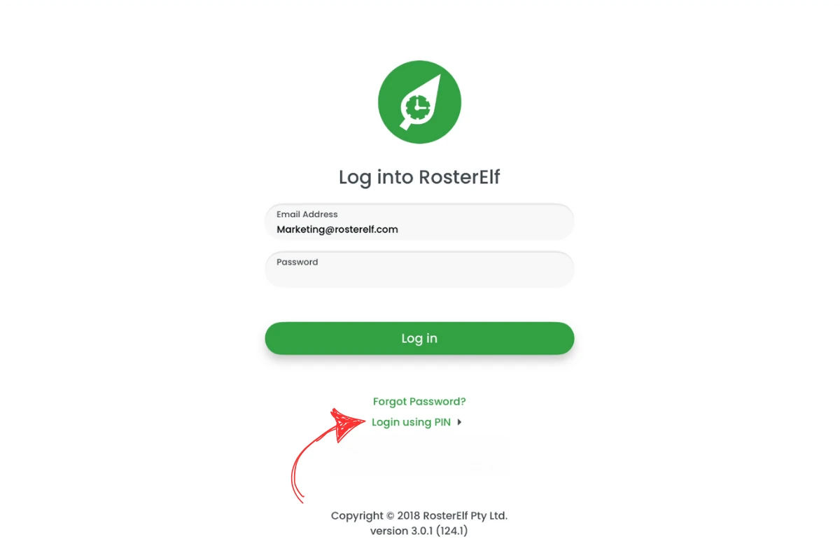 RosterElf Time Clock main screen with 'Login using pin' option