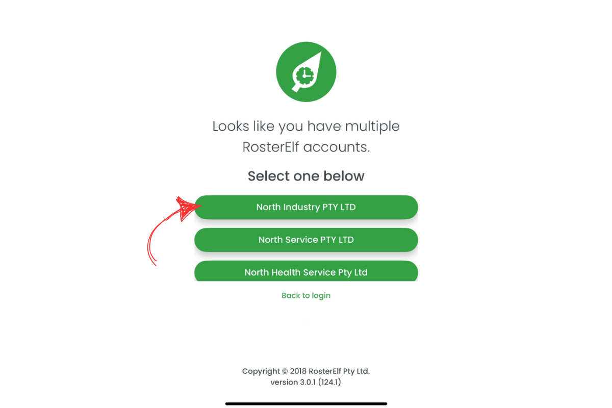 RosterElf Time Clock screen listing multiple accounts