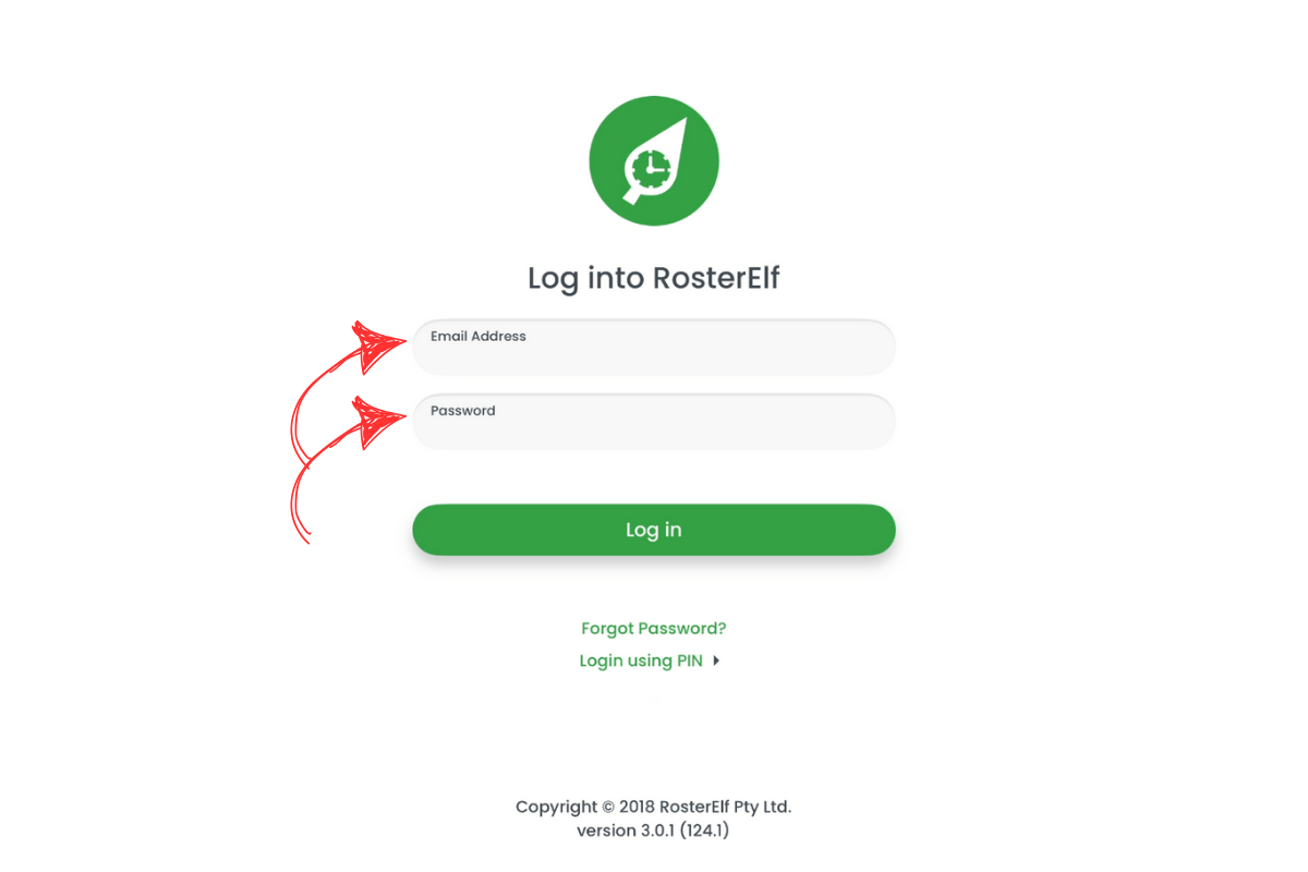 RosterElf Time Clock email and password login screen