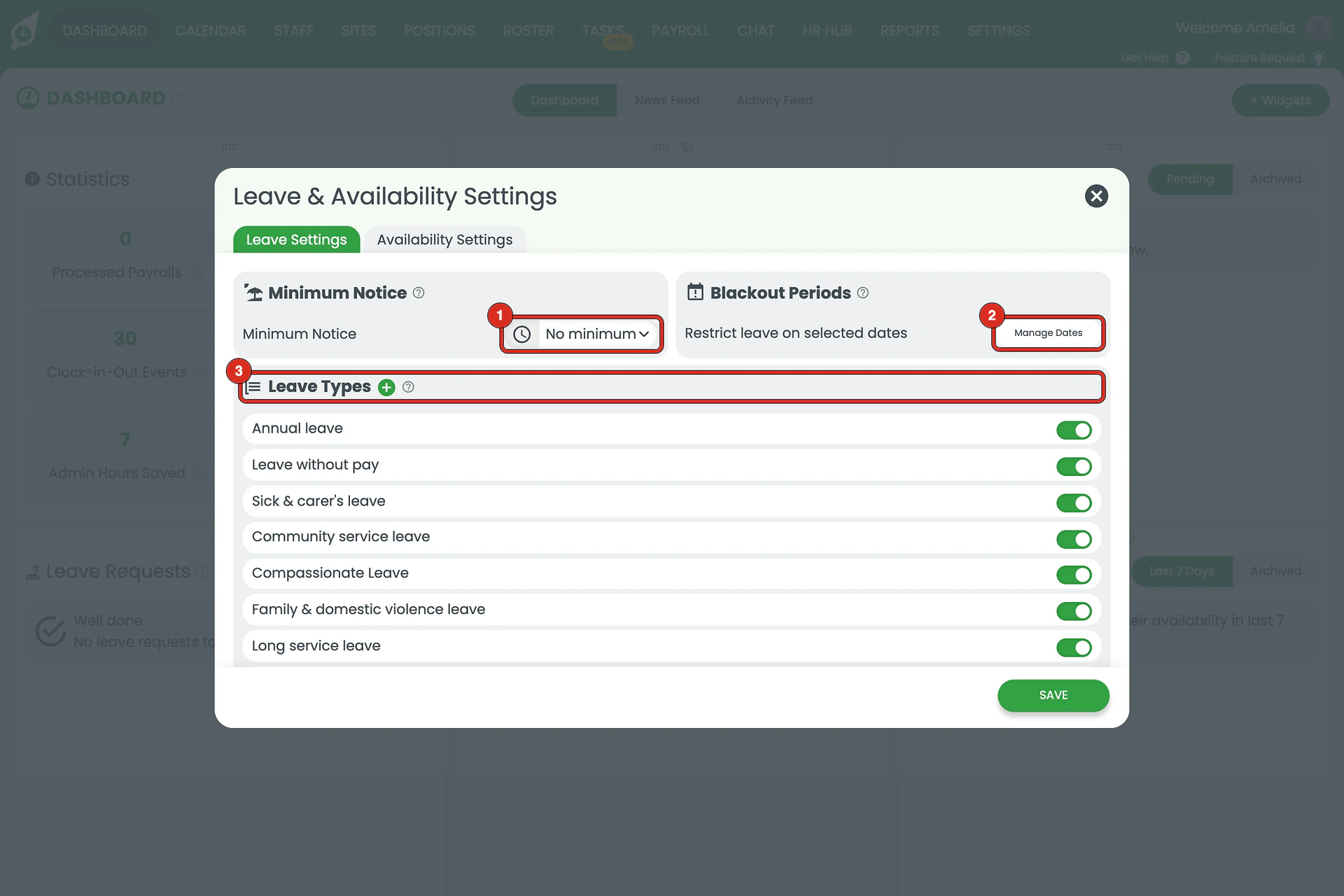 Leave & Availability Settings window on the Leave Settings tab, with 1 Minimum Notice, 2 Manage Dates and 3 Leave Types outlined