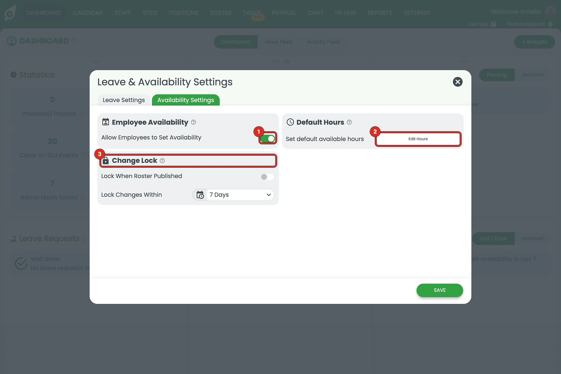 Availability Settings tab with 1 Allow Employees to Set Availability, 2 Edit Hours and 3 Change Lock outlined