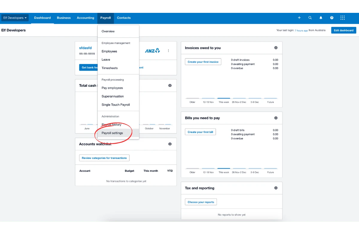 Screenshot of Xero’s Payroll Settings menu