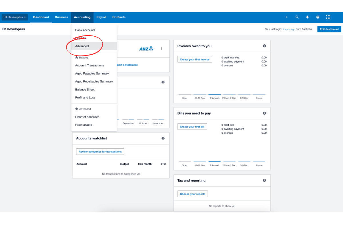 Screenshot of Xero’s Advanced Tracking categories page