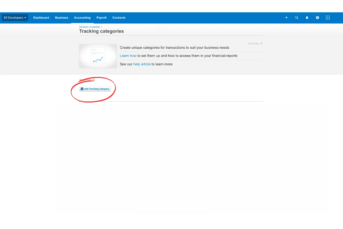 Screenshot of the Add Tracking Category button in Xero