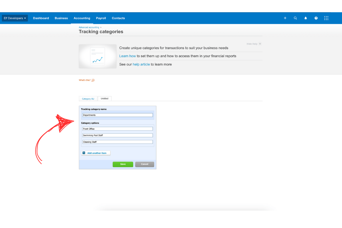 Screenshot showing tracking category details in Xero